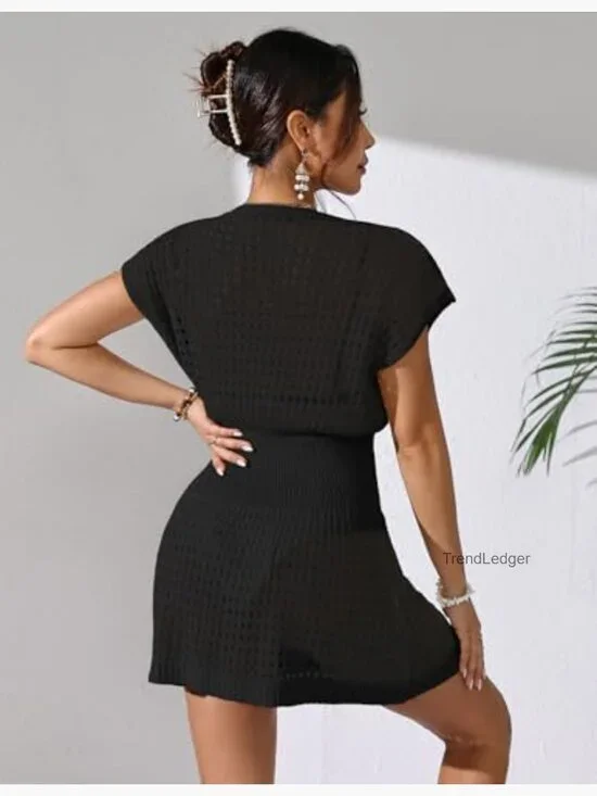 Crochet Mesh Cover Up Mini Dress V Neck Beach Vacation Swimsuit - Picture 3 of 7